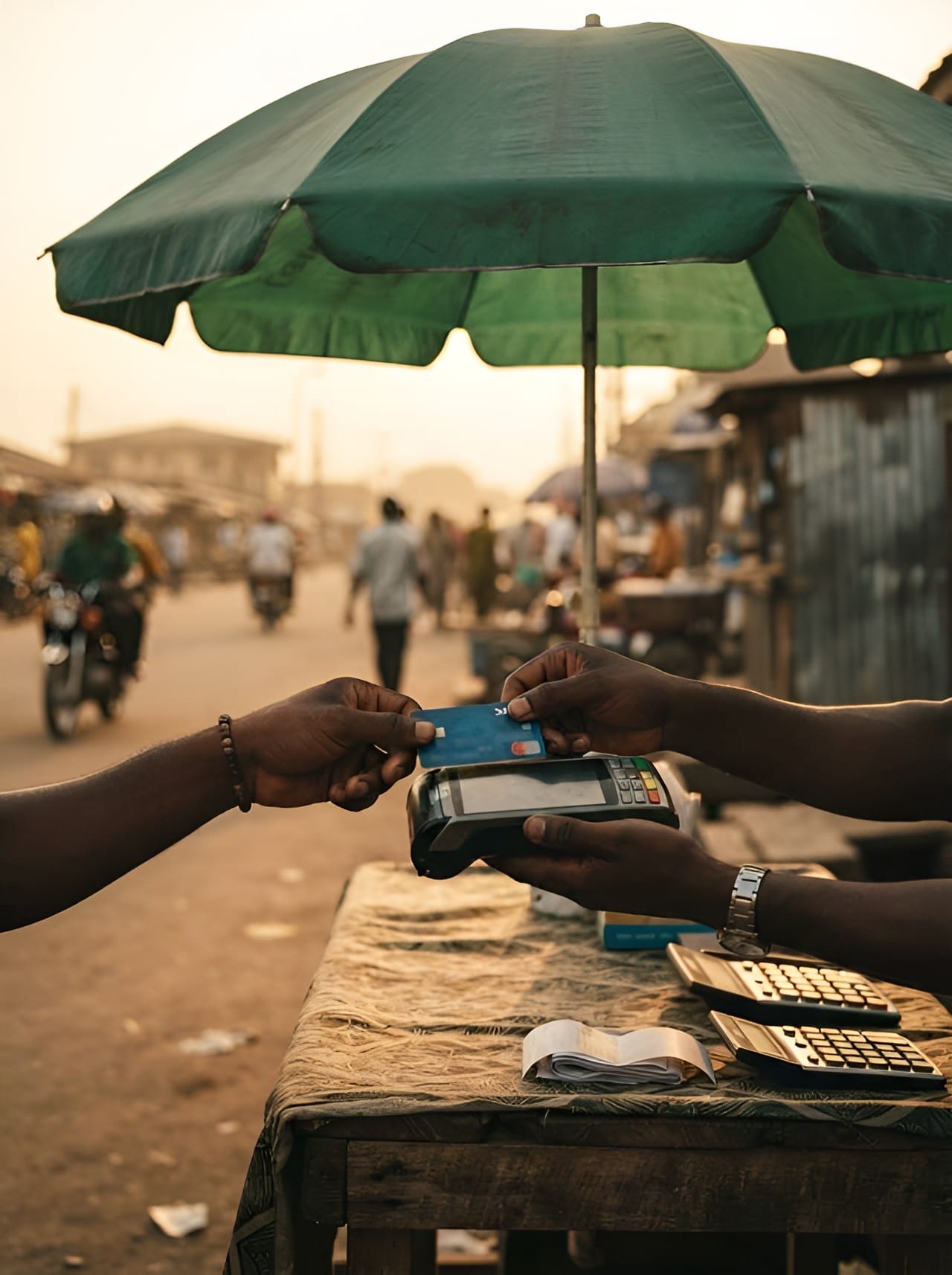 A card payment at a street side agent banking stand under a green umbrella