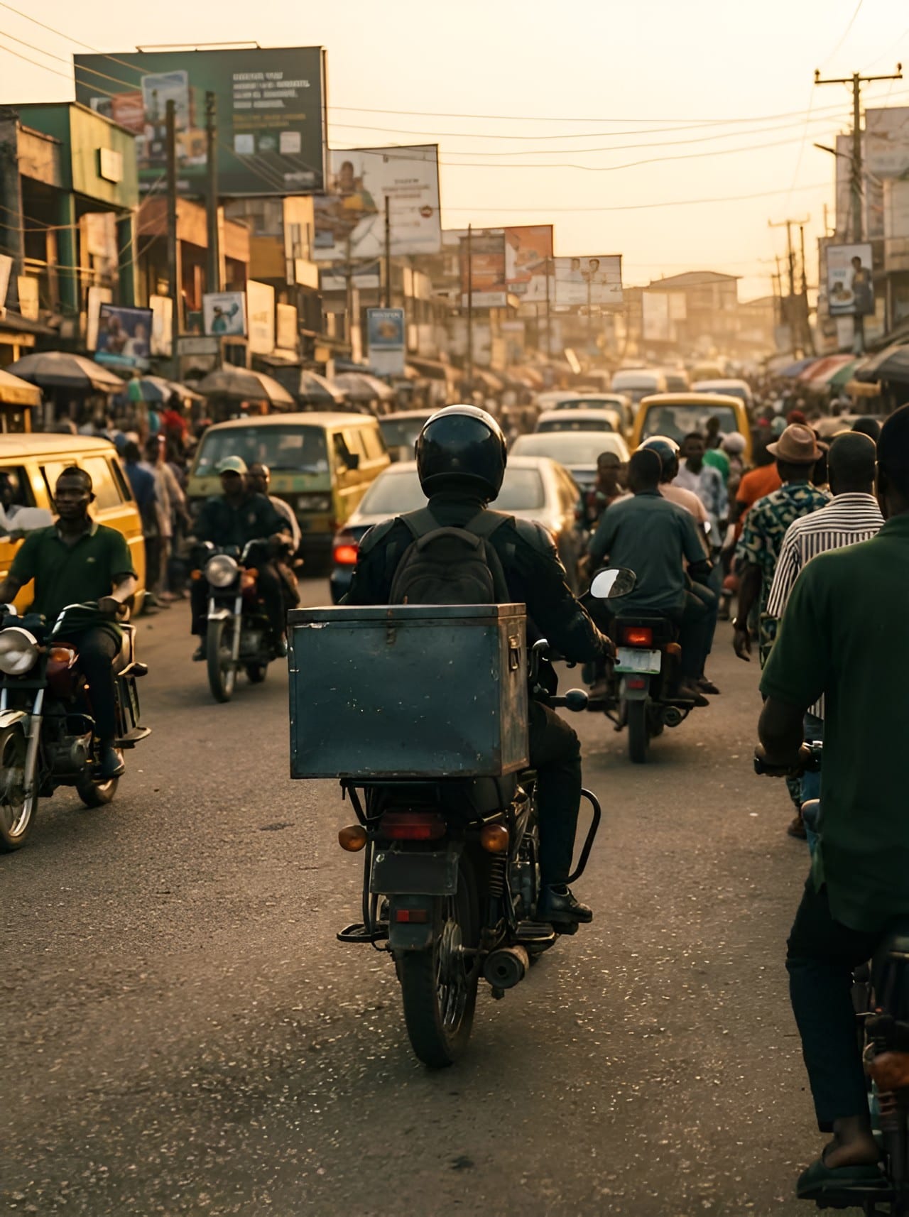 A delivery rider with a cargo box riding through a busy Lagos street