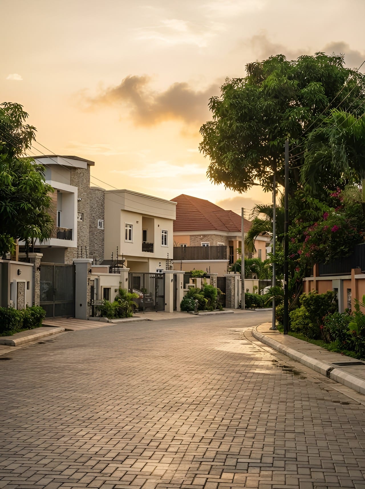 A quiet street of modern Nigerian residential houses in evening light