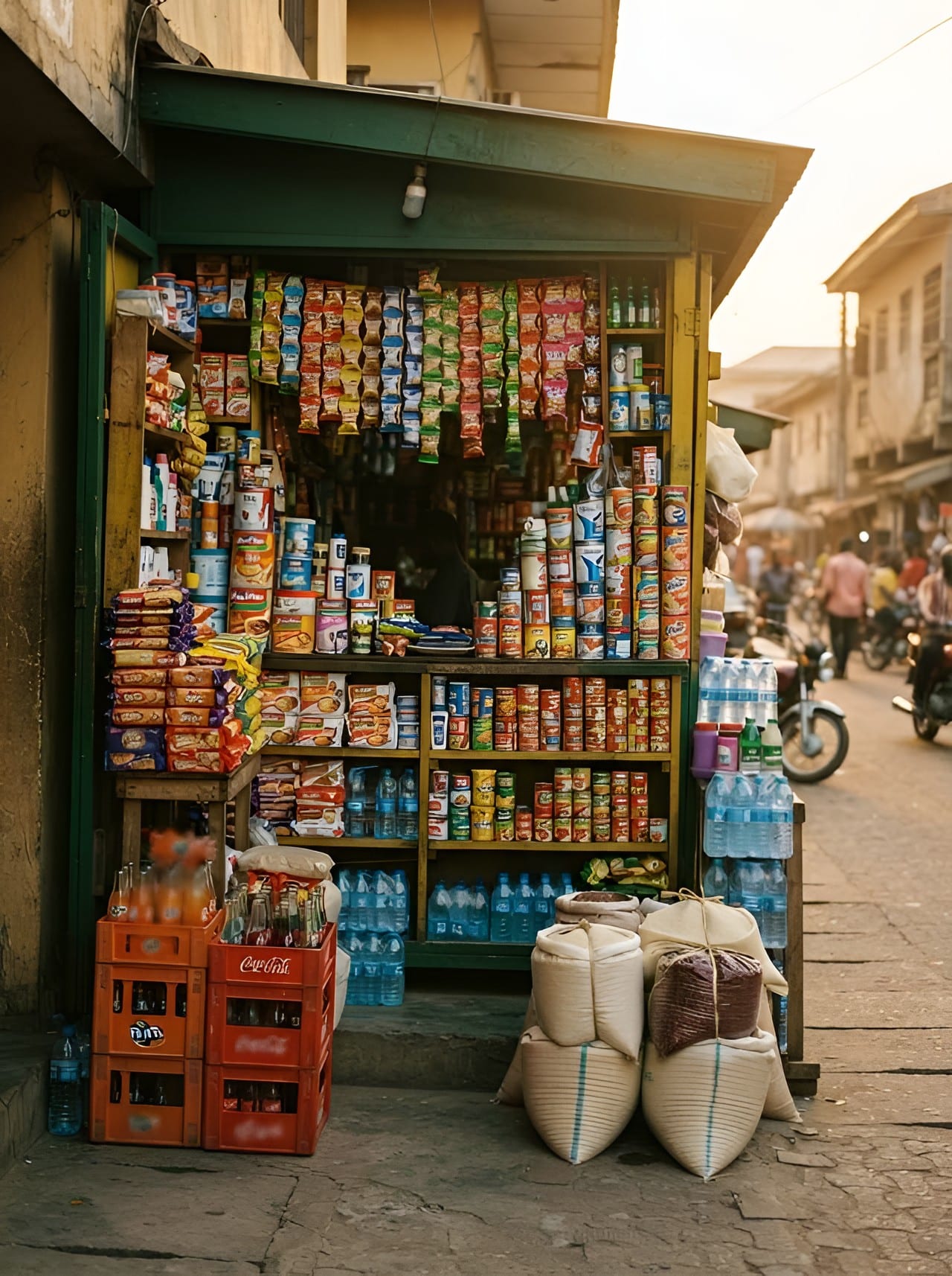 A Nigerian provision store front stacked with colourful goods