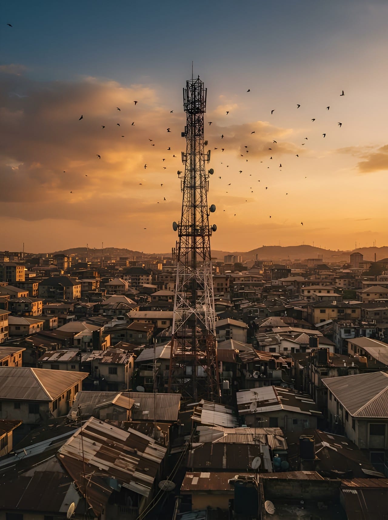 A telecommunications mast rising above city rooftops at sunset