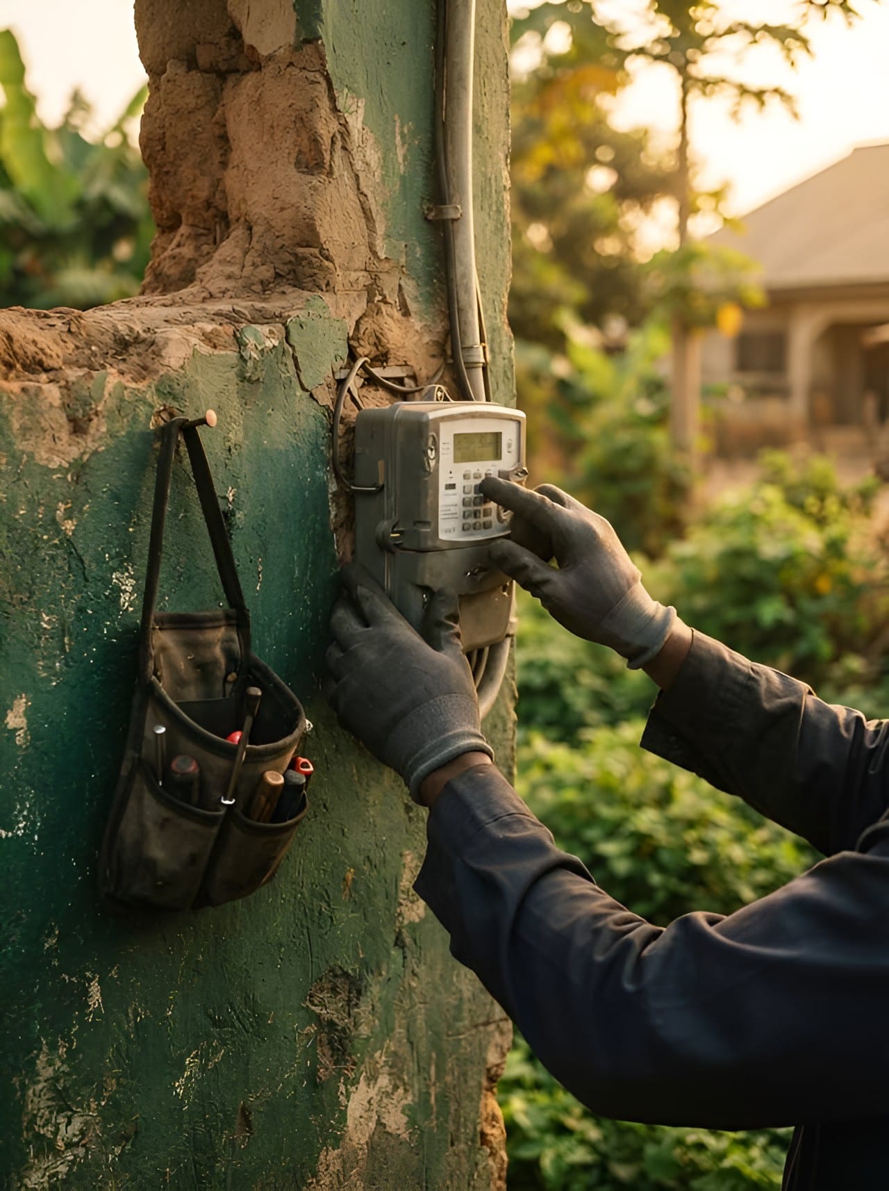 A technician reading a prepaid electricity meter on a compound wall