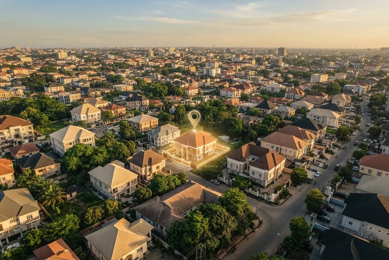 Aerial view of a Nigerian neighborhood at golden hour, one building highlighted by a gold location marker